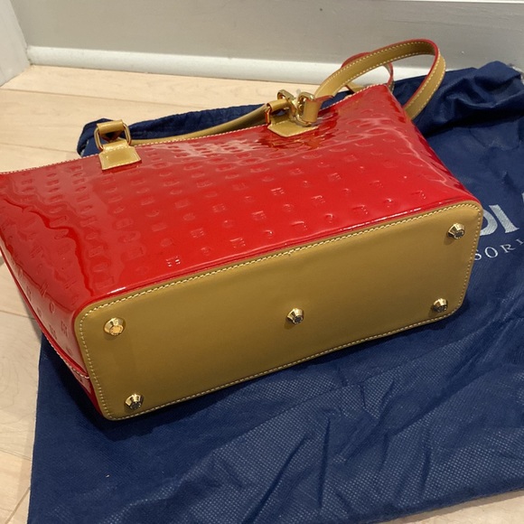 Arcadia red tan trim satchel shoulder bag - Picture 10 of 14